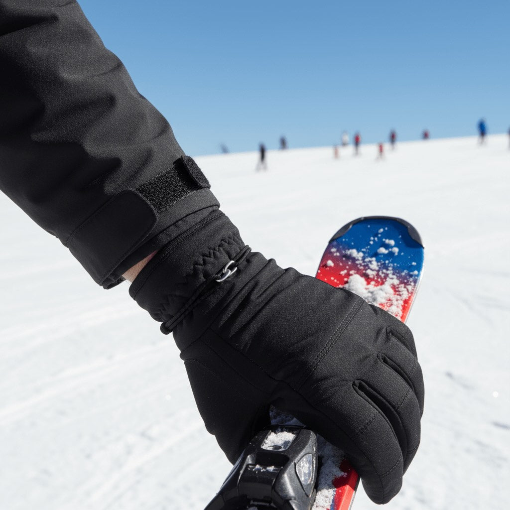 Person wearing black gloves wearing a Velmont bracelet holding a snowboard on a snowy slope with other snowboarders in the background.