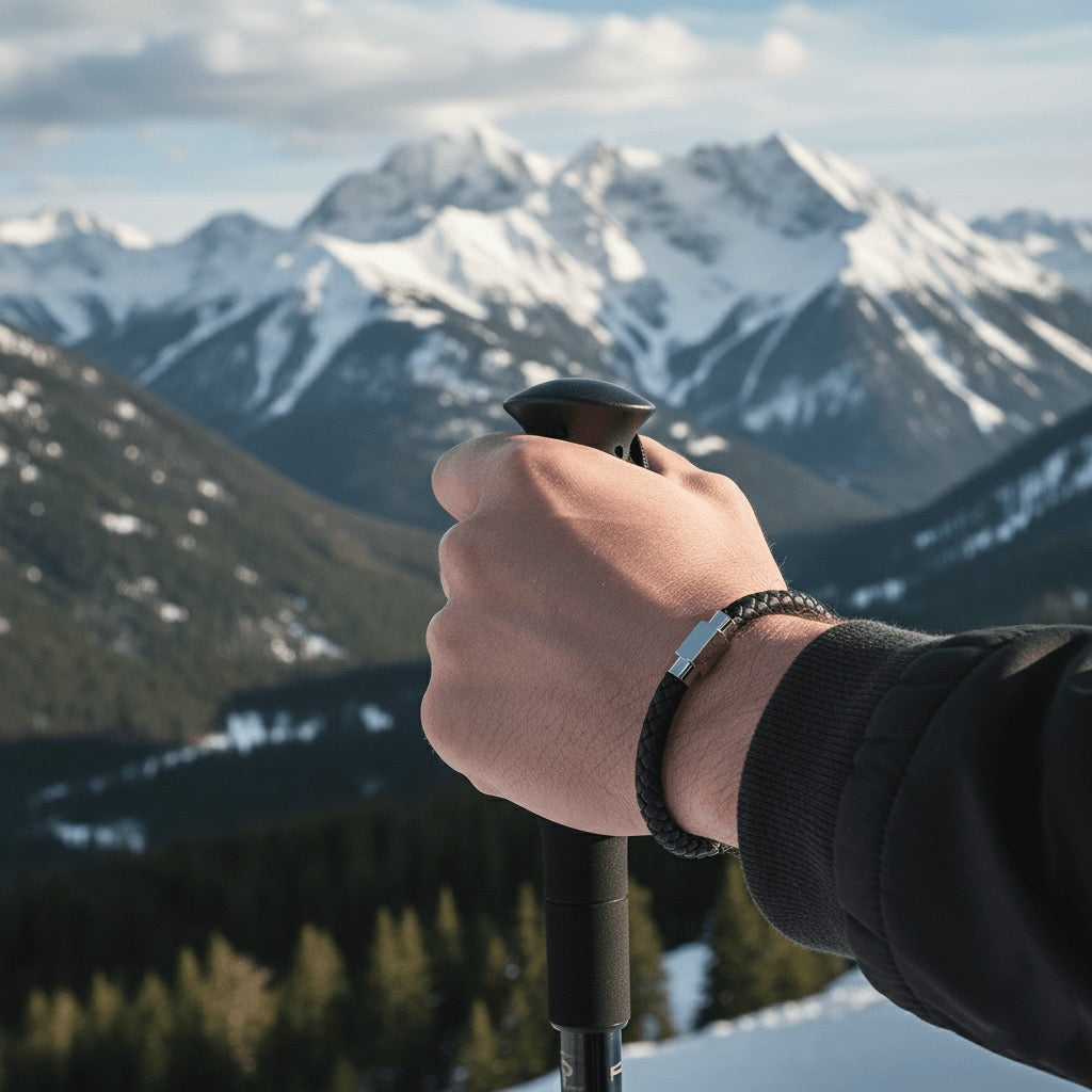 Hand holding a hiking pole with a mountainous landscape in the background wearing a Velmont bracelet