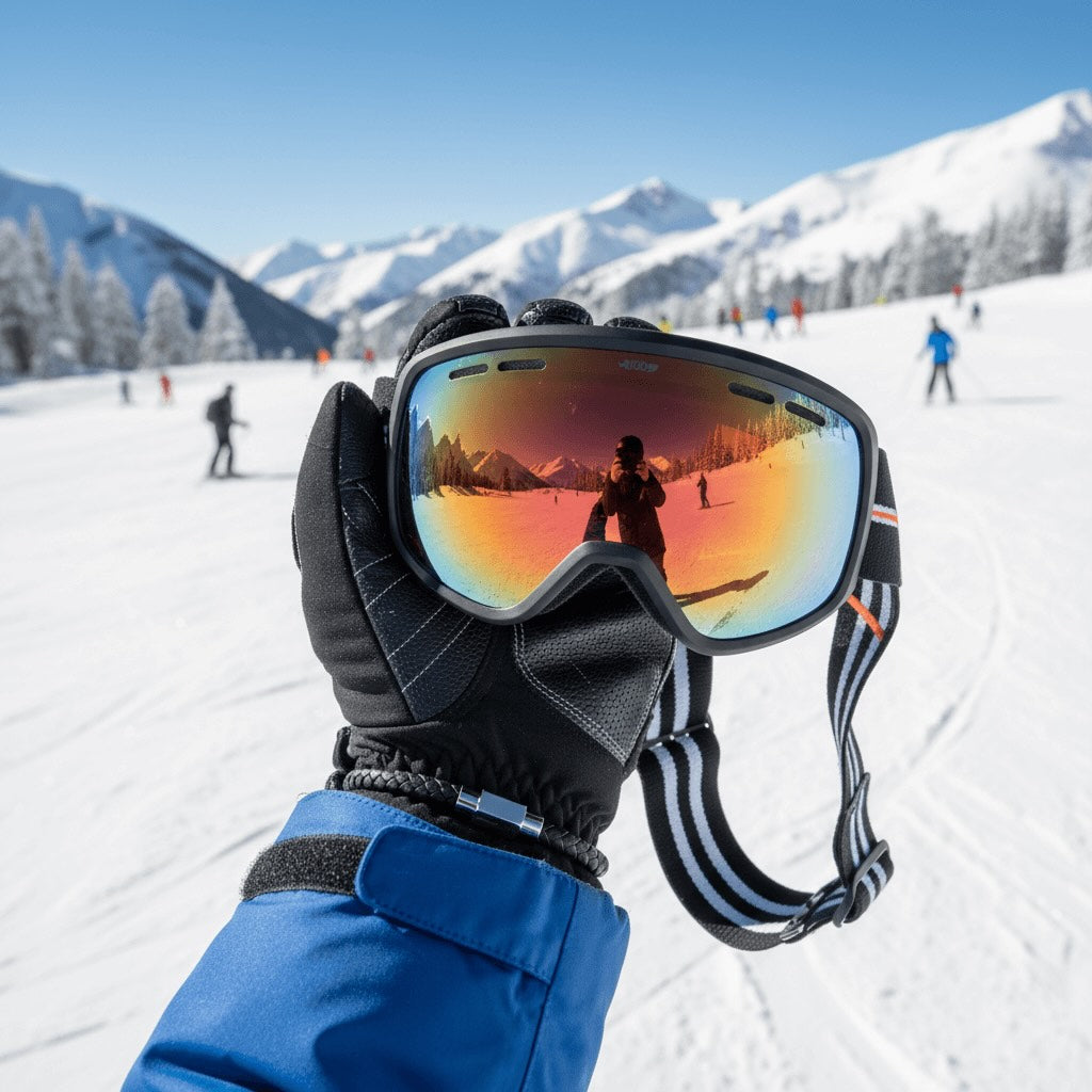 Person holding ski goggles with mountain reflection on a snowy slope waering a Velmont bracelet