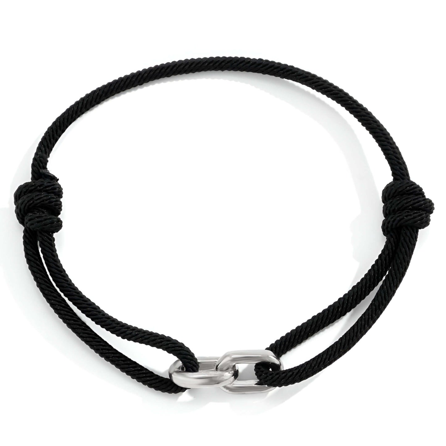 Black cord bracelet with a silver clasp on a white background
