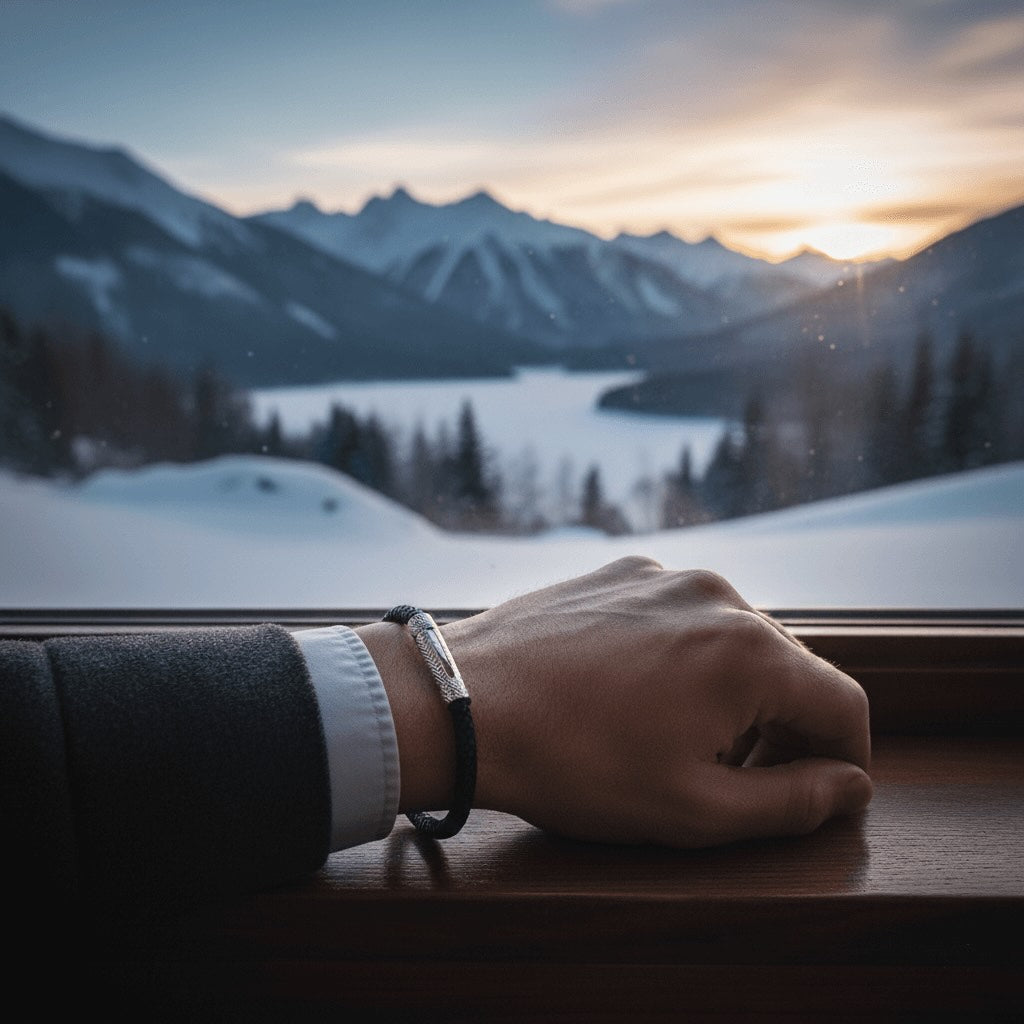 Hand resting on a window ledge with a scenic view of mountains and a lake at sunset wearing a Velmont bracelet.