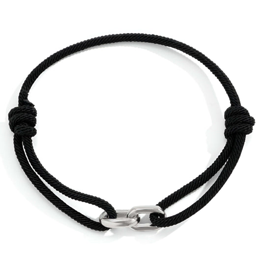 Black cord bracelet with a silver clasp on a white background